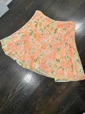 Chaps Peach Floral Chiffon Flare Skirt Spring Summer XL